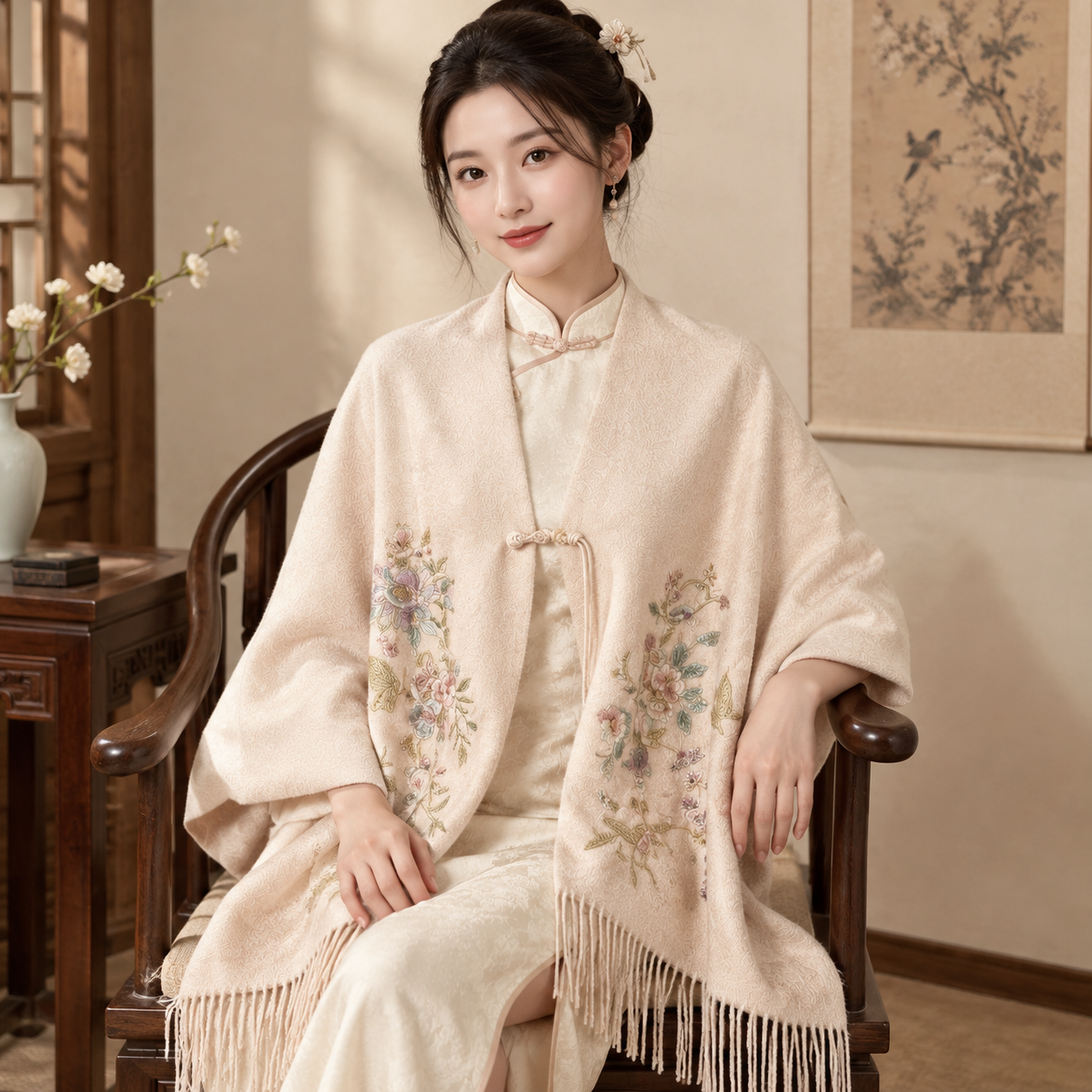 专业电商丝巾商品摄影，东亚年轻女性模特，模特身穿米白色旗袍，模… - 图片创意预览