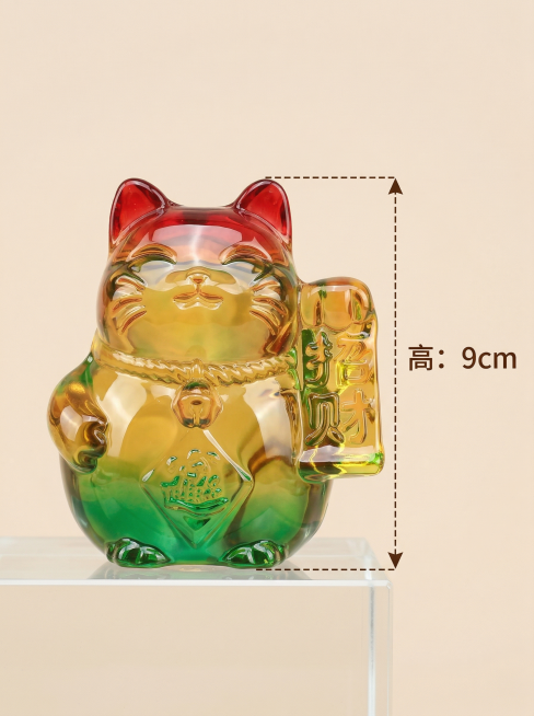 彩色招财猫尺寸说明图,背景为纯净浅米色,彩色招财猫水晶摆件居中放置,标注线指向摆件的高度位置,标注文字“高:9cm”。字体为无衬线体深棕色,文字悬浮于背景无底色,清晰易读不遮挡产品。画面简洁明了,突出预览效果