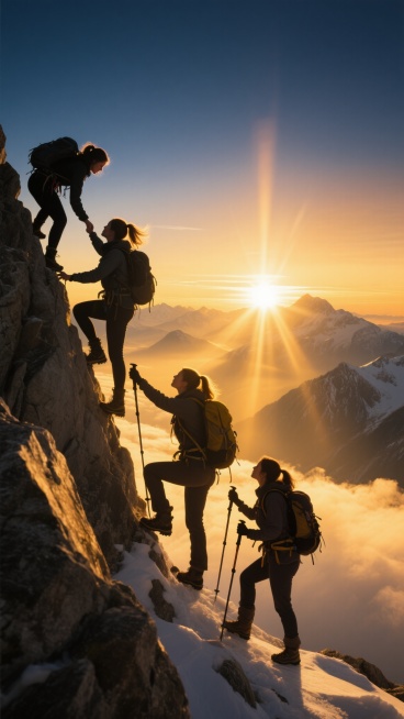 壮丽的登山场景，三位女性登山者的剪影，她们正相互扶持着攀登陡峭的雪山岩壁，一位女性伸手拉拽前方同伴，另一位女性在下方稳固支撑，展现出团队协作与互助精神，她们都背着专业登山包，手持登山杖，身姿矫健有力，背景是金色的朝阳从连绵起伏的雪山群峰间升起，万丈霞光穿透云层洒向山谷，天空呈现出深蓝到橙黄的渐变色彩，近处的岩石棱角分明，表面粗糙有质感，整体画面采用逆光拍摄，人物轮廓边缘有明亮的金色光晕，营造出……预览效果