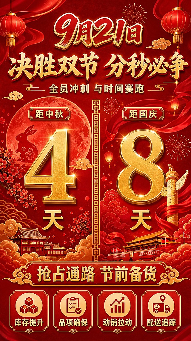 一张竖版双节备货倒计时提醒海报，整体统一红色主色调，喜庆大气，国风新中式风格，传统节日氛围浓厚。画面最顶部是日期"9月21日"，用生动活泼的艺术化字体呈现，带金色描边或渐变效果，醒目有设计感。日期下方居中是主标题大字号"决胜双节 分秒必争"，再下方副标题"全员冲刺 与时间赛跑"。画面中部左右分栏布局，两侧均以红色为基调：左侧为中秋主题倒计时区，配红色圆月、红色玉兔剪影、红色桂花、金色祥云等中秋元素，整体红色系，上方小字"距中秋"，中间超大金色数字"4"，下方"天"字，数字醒目有金属光泽；右侧为国庆主题倒计时区，配红灯笼、红色祥云、红色飘带、金色礼花等喜庆元素，整体红色系，上方小字"距国庆"，中间超大金色数字"8"，下方"天"字，数字醒目有金属光泽。左右两区用传统回纹或祥云纹样做视觉分隔，对称均衡富有变化，两侧色调统一协调。画面底部是行动引导语"抢占通路 节前备货"，下方排列四条关键动作标签："库存提升"、"品项确保"、"动销拉动"、"配送追踪"，以图标+文字或卡片形式整齐排列，配装饰性祥云边框。背景为深红色渐变底色，点缀金色祥云、灯笼、飘带等节日装饰元素，整体氛围热烈喜庆、紧迫感强。版式精美，层级分明，四周留有安全边距。画面中所有数字必须精确渲染，不得错位、遗漏或编造。画面中所有信息区域必须填充完整合理的内容，不得出现空白框、空白占位、横线待填写区域。