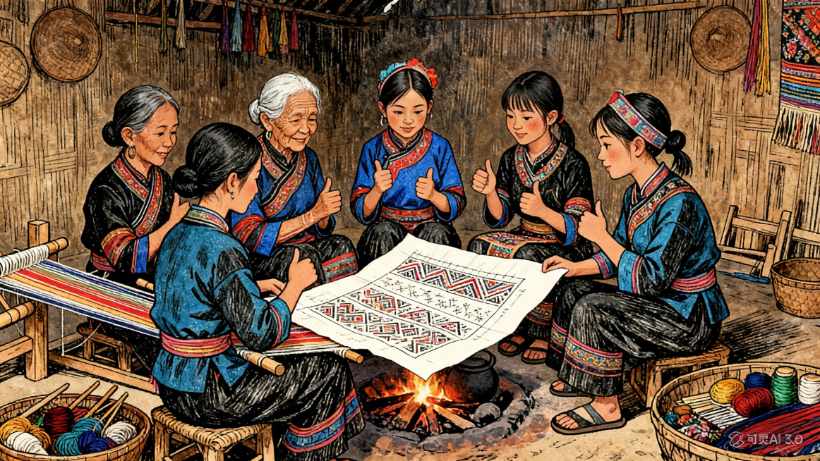 黎族村落火塘边，周围摆放着制作黎锦的工具和材料，82岁的符奶奶、阿黎母亲、16岁的阿吉妹妹还有阿黎一共五代黎族织女围坐在一起，阿黎摊开传统黎锦纹样稿，大家围坐观看并点头表示认可，手绘风格预览效果
