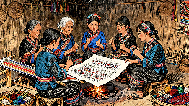 黎族村落火塘边，周围摆放着制作黎锦的工具和材料，82岁的符奶奶、阿黎母亲、16岁的阿吉妹妹还有阿黎一共五代黎族织女围坐在一起，阿黎摊开传统黎锦纹样稿，大家围坐观看并点头表示认可，手绘风格