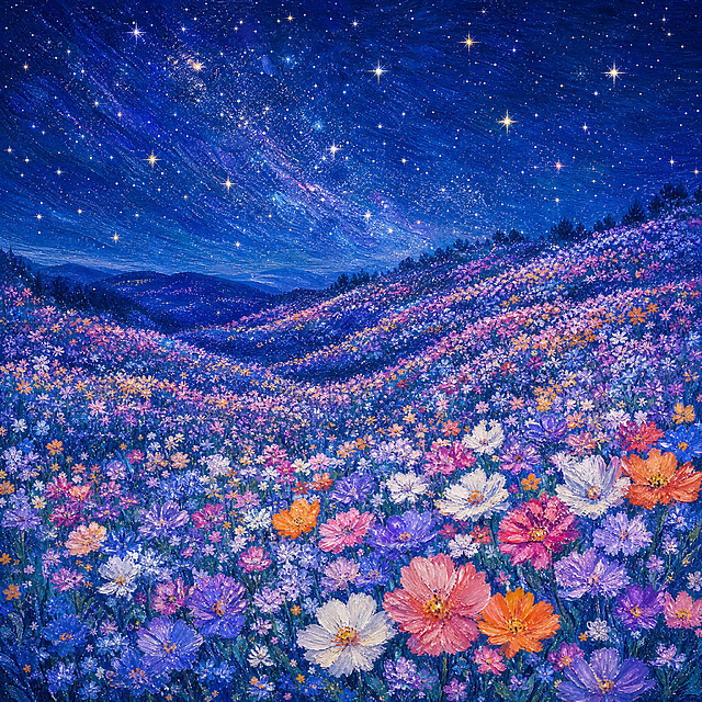 保留蓝色星空系油画肌理风格，去掉旋涡构图，将花草改为铺满整个山坡，满山坡都是花朵，保留星空背景