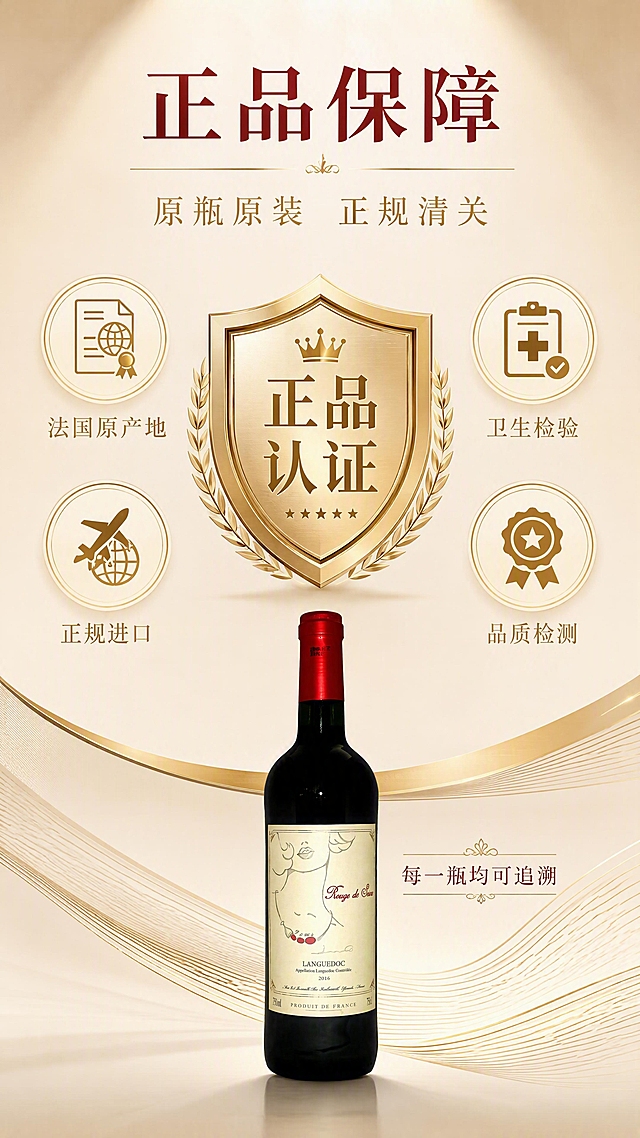 [第3张] 详情页海关清关资质展示-塞纳红宝石红葡萄酒。本张使用【图1】作为产品小图。
[氛围/风格] 权威可信，轻奢高级，简约大气，米白浅咖主色调搭配酒红金色点缀。
[元素布局] 画面中央偏上为金色盾牌形正品认证图标，周围环绕四个资质图标（分别代表：原产地证明、卫生检验、正规进口、品质检测）；底部放置红酒瓶产品图，占比约25%，瓶身与输入图一致；背景为浅咖色渐变，有细微金色线条装饰。
[光影质感] 顶部柔光均匀打亮，金色图标有金属光泽质感，整体干净明亮。
[配色色系] 全局底色 #F5F0E8（米白）；主色 #8B0000（酒红）；辅助色 #C9A961（金色）、#D4C5A9（浅咖）。
[视角构图] 居中对称构图，上半部分资质展示区，下半部分产品与说明区，阅读动线从上至下。
[文字版式] 顶部大标题「正品保障」酒红色宋体，金色下划线；副标题「原瓶原装 正规清关」金色字；四个资质图标下方分别标注文字：「法国原产地」「卫生检验」「正规进口」「品质检测」，均为浅咖色宋体；底部产品旁标注「每一瓶均可追溯」酒红色小字；预留资质图标嵌入位与可编辑文字框；不出现报关单照片。
[比例分辨率] 9:16 竖版比例，4K分辨率，文字清晰可辨，高清画质。
[负向提示词] 报关单图片，海关单据照片，水印，文字错乱，极限广告词，七天无理由，产品变形。