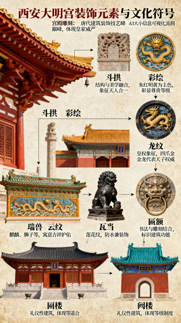 A3大小信息可视化流程图展板，主题为西安大明宫装饰元素与文化符号，展示大明宫宫殿雕刻、斗拱、彩绘、龙纹、瑞兽、瓦当、匾额、阙楼等唐代皇家特色装饰细节，解析每个装饰元素的文化寓意。采用复古精致、高信息密预览效果