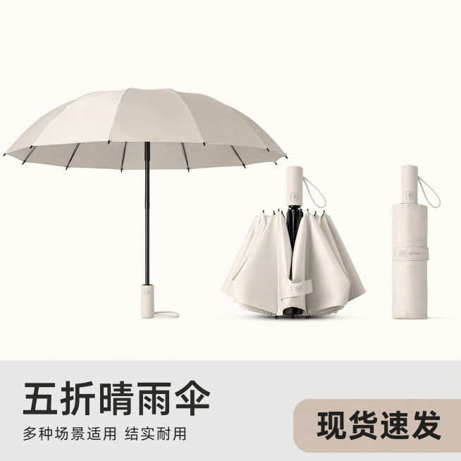 [主图-5] 规格与权益转化图。
[氛围风格] 清晰直观，促进下单。
[画质] 商业摄影质感、光线柔和通透、产品清晰真实、画面干净高级。
[元素] 将完全打开、半开收纳、折叠好三个不同形态的雨伞整齐排预览效果