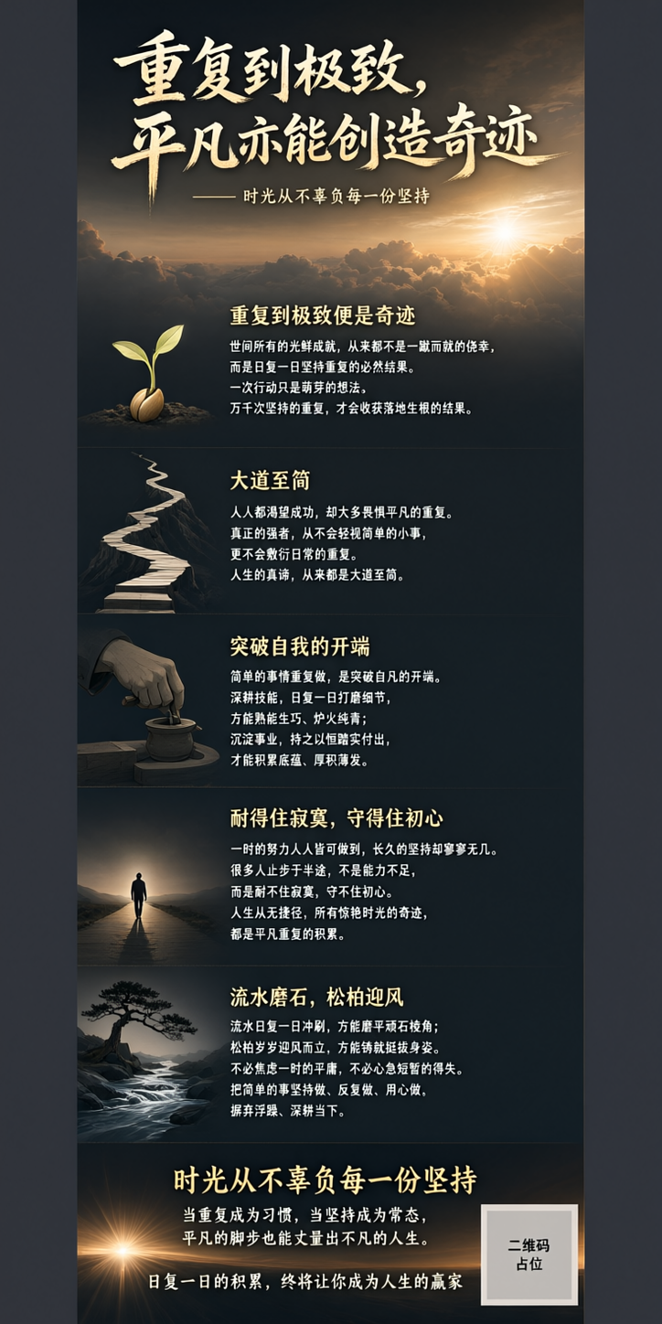 一张公众号图文长图海报，竖版9:16比例，主题为「重复到极致，… - 图片创意预览