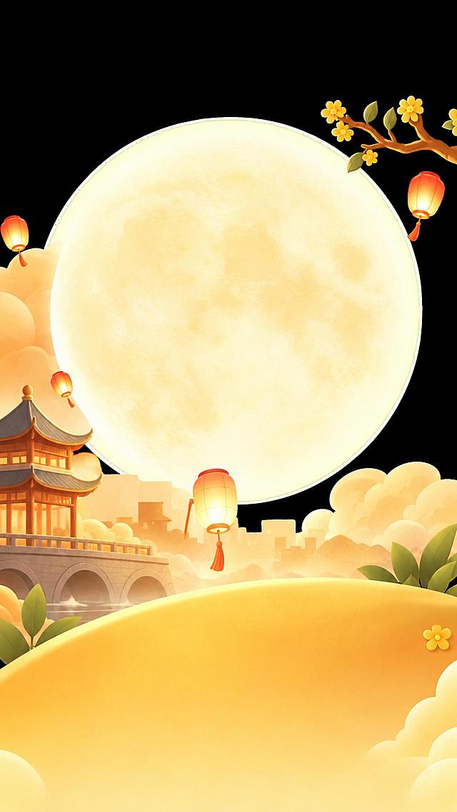去掉图中的两只兔子，保留月亮、古建筑、灯笼、桂花枝、云朵和黄色地面等所有其他元素，兔子原来的位置用周围的黄色地面和背景自然修补融合，画面保持完整和谐，风格与原图一致