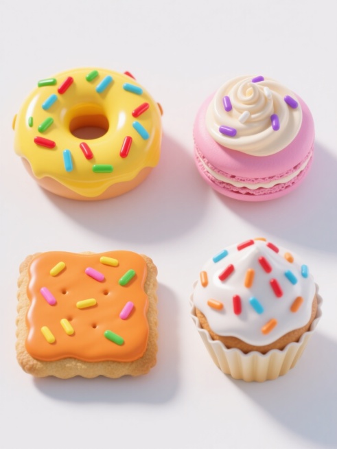 一套四个不同甜点的规整排列集合，保持3D渲染的超写实风格，每个甜点具有光滑的糖霜质感和丰富色彩的细长条状糖屑装饰。第一个是覆盖着亮黄色糖霜并撒有红色、绿色、蓝色糖屑的圆形甜甜圈；第二个是顶部有螺旋形奶油的粉色马卡龙，点缀着紫色和白色糖屑；第三个是覆盖着橙色糖霜的方形曲奇饼干，表面撒有黄色、粉色、绿色糖屑；第四个是带有白色糖霜涂层的迷你纸杯蛋糕，顶部撒有红色、橙色、蓝色糖屑。所有甜点都放置在纯白……预览效果