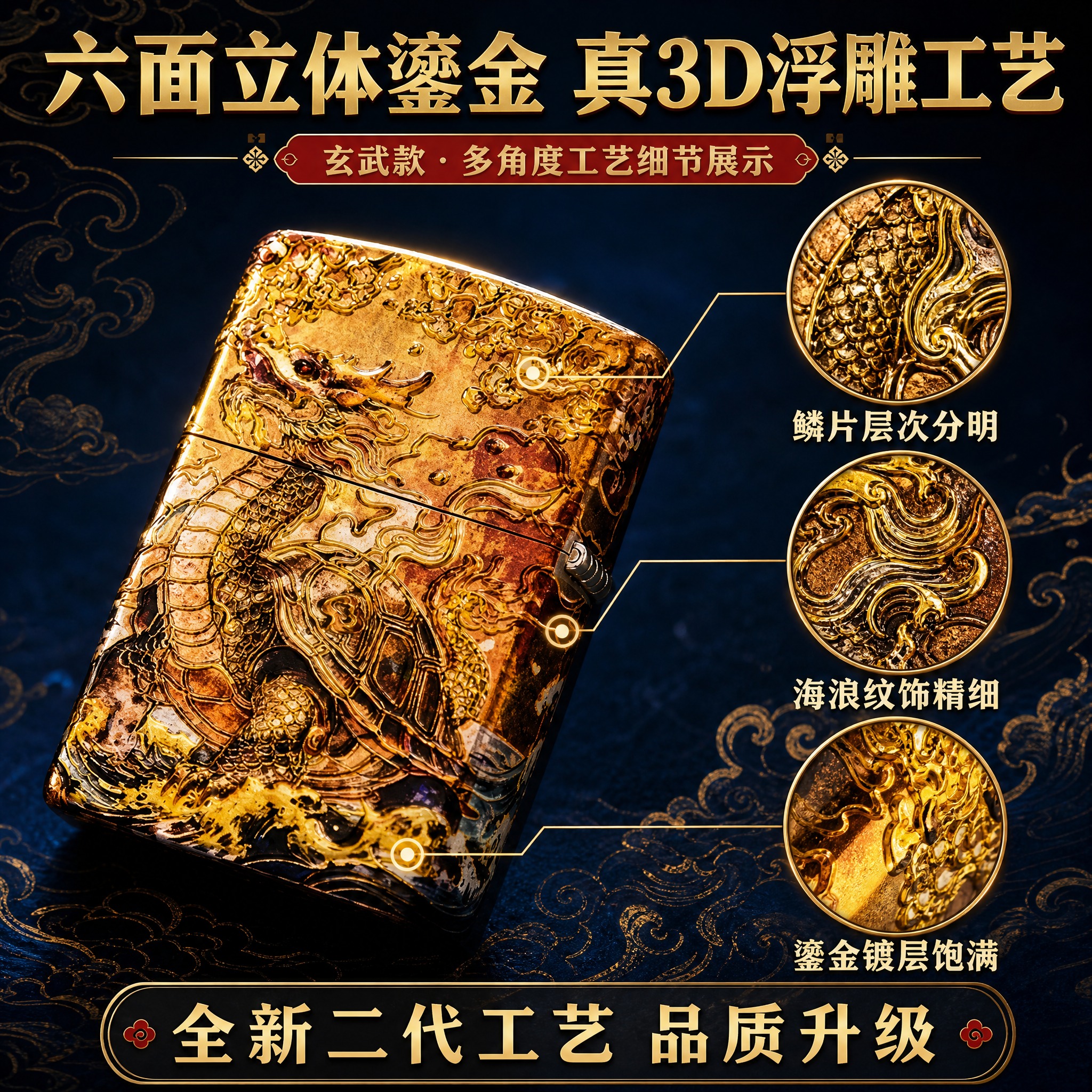 [主图-2 玄武款] 核心工艺亮点证明，展示六面立体鎏金3D浮… - 图片创意预览