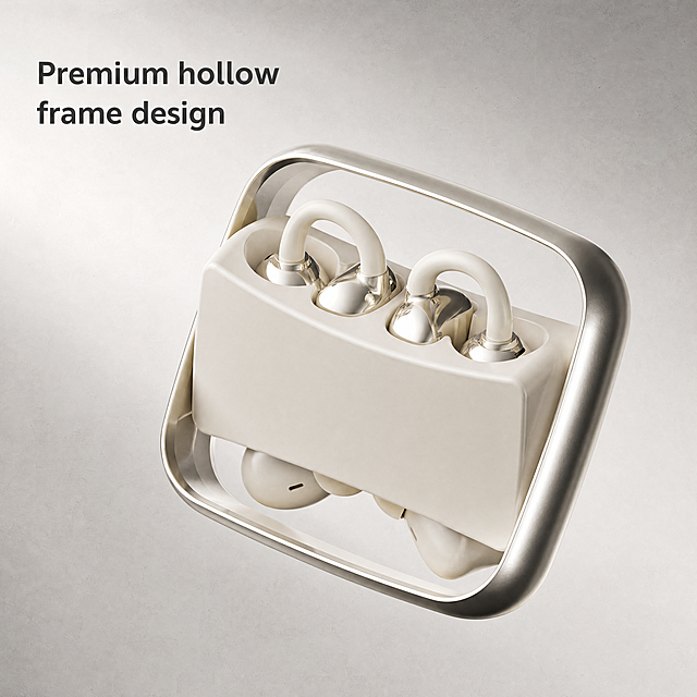 [主图-3] 4-in-1 wireless earbuds core detail highlight main image. Close-up detail display of the futuristic square hollow frame charging case, highlight the metal frame texture, matte body details, and the storage structure of two pairs of earphones. Use a single close-up composition, the product is tilted 15 degrees, the texture of the metal frame and the matte contrast of the body is clear, the light pulls out the high light edge, showing the exquisite workmanship. Background is light textured light grey, clean and not distracting. The text "Premium hollow frame design" in English, placed in the upper left corner negative space, font clear, does not block the product. Keep the product structure and color completely consistent with the input image. 4K high resolution, commercial photography level, delicate texture. Proportion resolution: 1:1 2048*2048, 4K resolution. Negative prompt: deformation, watermark, text disorder, product image blurred, background clutter.
