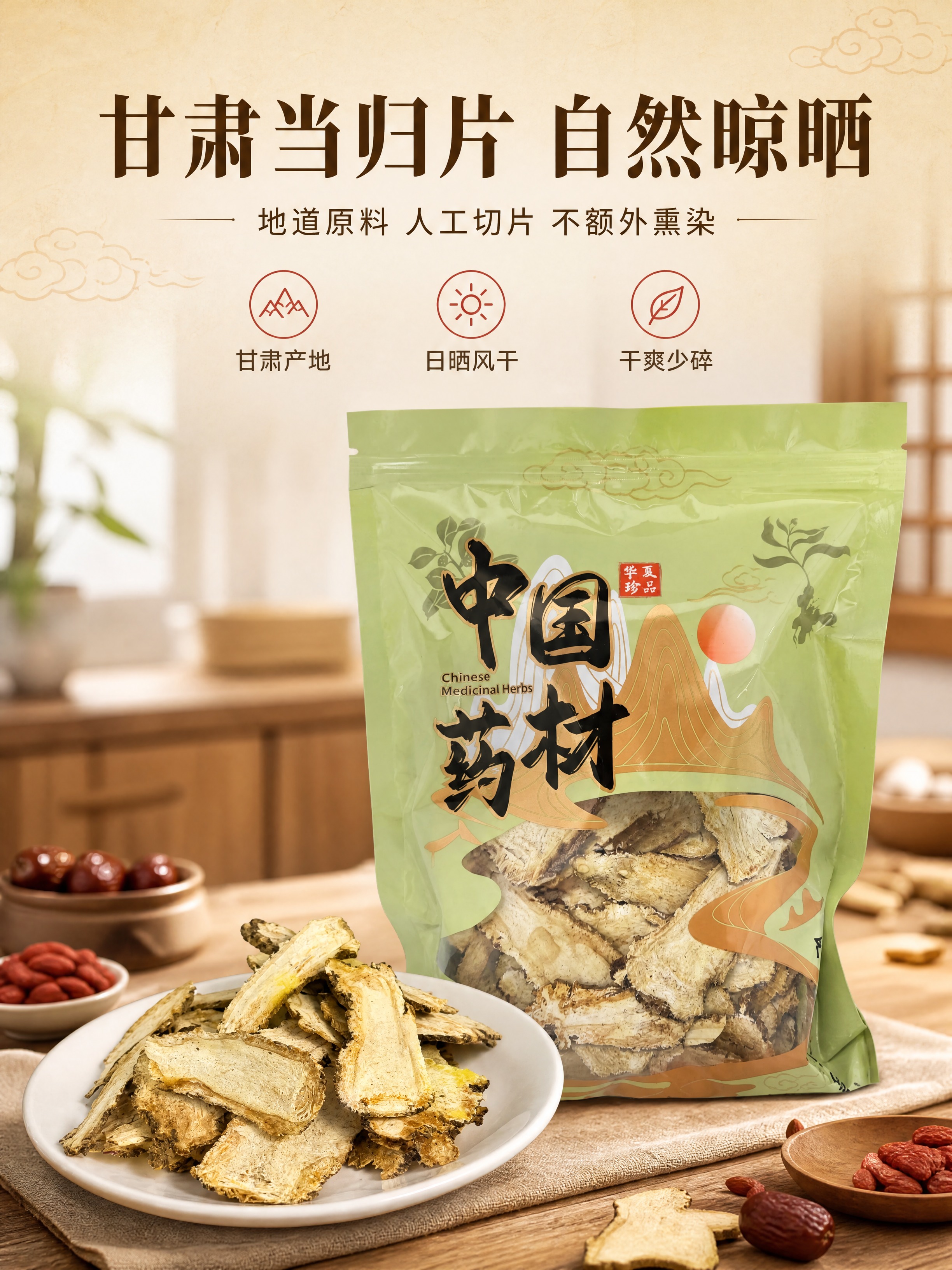 [商品] 使用【图2】甘肃当归片绿色袋装产品 + 【图3】装盘… - 图片创意预览