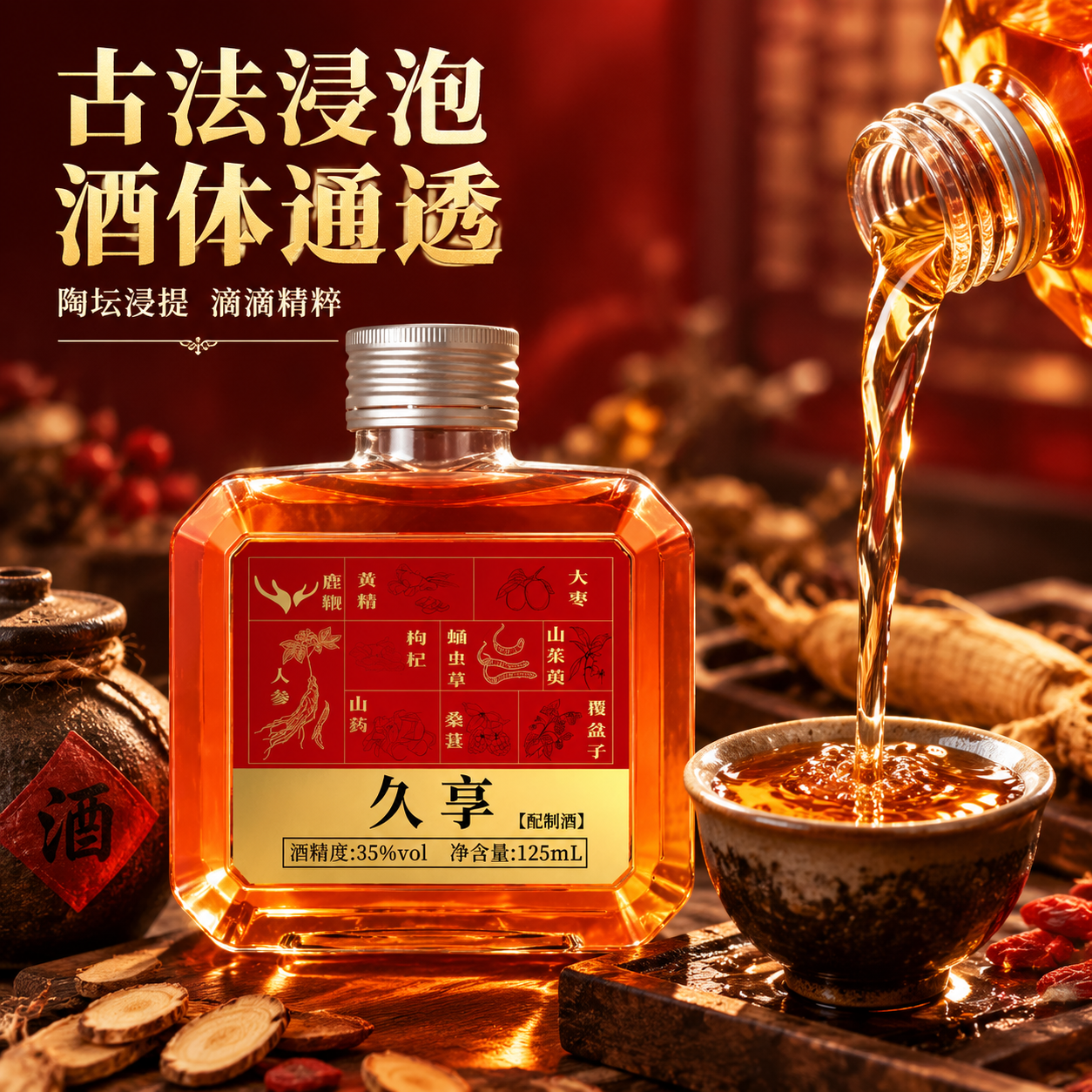 [主图-3] 细节与工艺，展示酒液通透质感与古法浸泡工艺，微观… - 图片创意预览