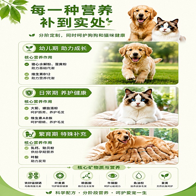 [第1屏] 淘宝天猫宠物营养补充剂详情页单屏，沿用参考图的版式结构和文字信息。本屏提取参考图设计：整体采用清新自然绿色系风格，顶部主标题为“每一种营养 补到实处”，副标题说明“分阶定制，同时呵护狗狗和猫咪健康”。页面分三个信息模块：幼儿期助力成长，核心营养包含猪心水解粉、蛋黄粉助力基础代谢，维生素B12助力营养代谢；日常期养护健康，核心营养包含大蓟、螺旋藻粉呵护肠胃、养护毛发，维生素AB族呵护眼睛、养护毛发；繁育期特殊补充，核心营养包含乳钙、贻贝粉供给孕期营养，叶酸助力发育。底部展示核心矿物质与营养图标：铁锌锰镁硒、叶黄素、赖氨酸、牛磺酸、鱼油粉、姜黄，底部 slogan“科学配方·分阶段营养·呵护爱宠一生”。每个模块右侧搭配对应宠物图片：金毛幼犬、布偶猫、哺乳金毛，整体保持参考图的信息层级和绿色自然配色，文字清晰可读，符合淘宝天猫移动端浏览规范。[氛围/风格] 清新自然风格，柔和自然光影，商业设计质感，绿色系为主色调，营造健康安心氛围。[元素布局] 内容占比适中，模块分区清晰，图片和文字排版协调，主体信息完整，不遮挡关键文案和宠物图片，保持所有文字内容与参考图一致，结构轮廓和配色一致。[光影质感] 整体光线均匀柔和，宠物图片清晰真实，文字对比清晰易读。[配色色系] 全局底色浅米白，主色清新草绿色，辅助色深绿标题、浅绿模块背景，保持自然清新的宠物用品风格。[比例分辨率] 1:1正方形比例，分辨率4K，文字清晰可辨，高清画质。[负向提示词] 文字错乱，文字过小，文字变形，颜色偏差，宠物形象变形，产品结构错误，水印，背景杂乱。