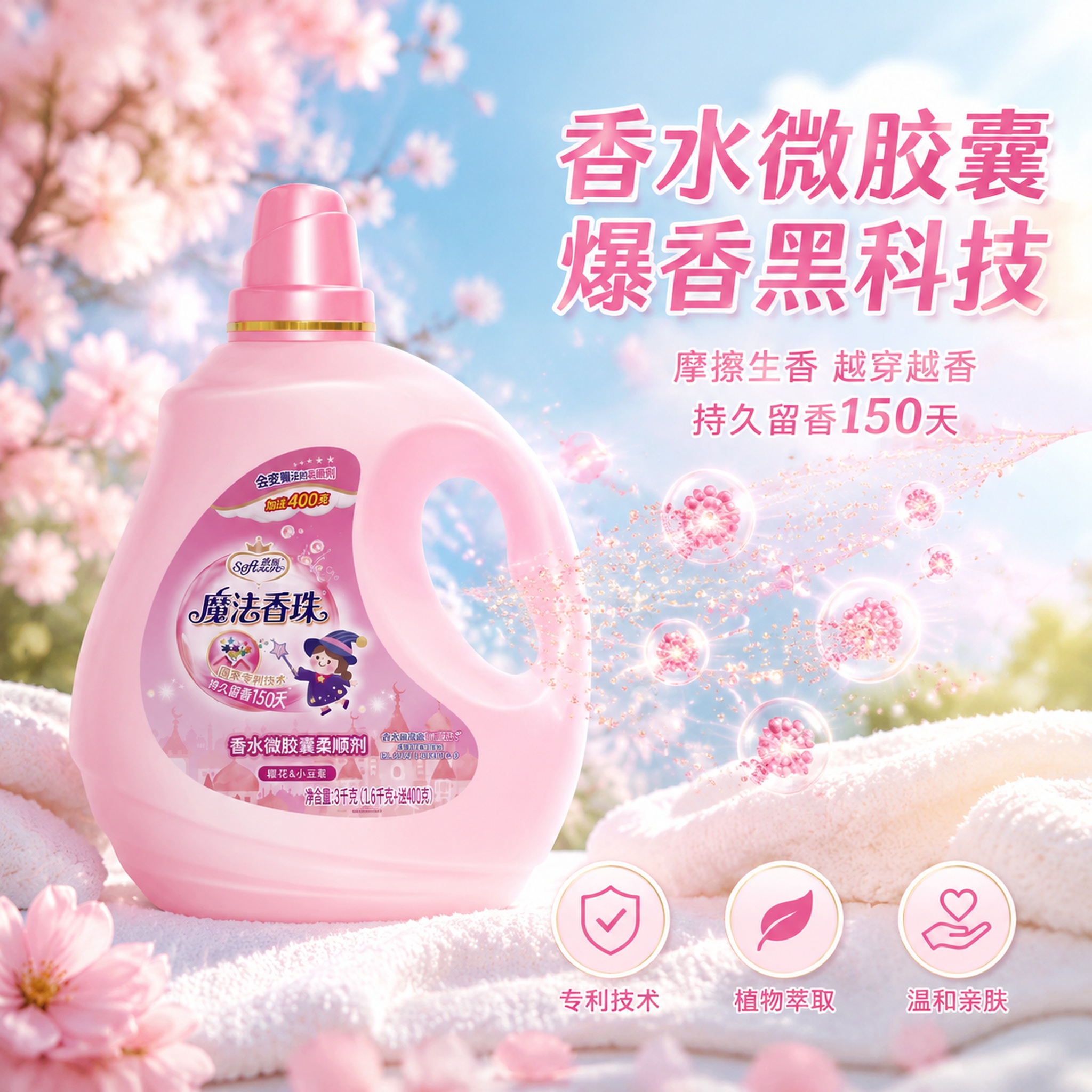 [主图-2] 柔顺剂留香效果卖点图 微胶囊技术可视化 [氛围风… - 图片创意预览