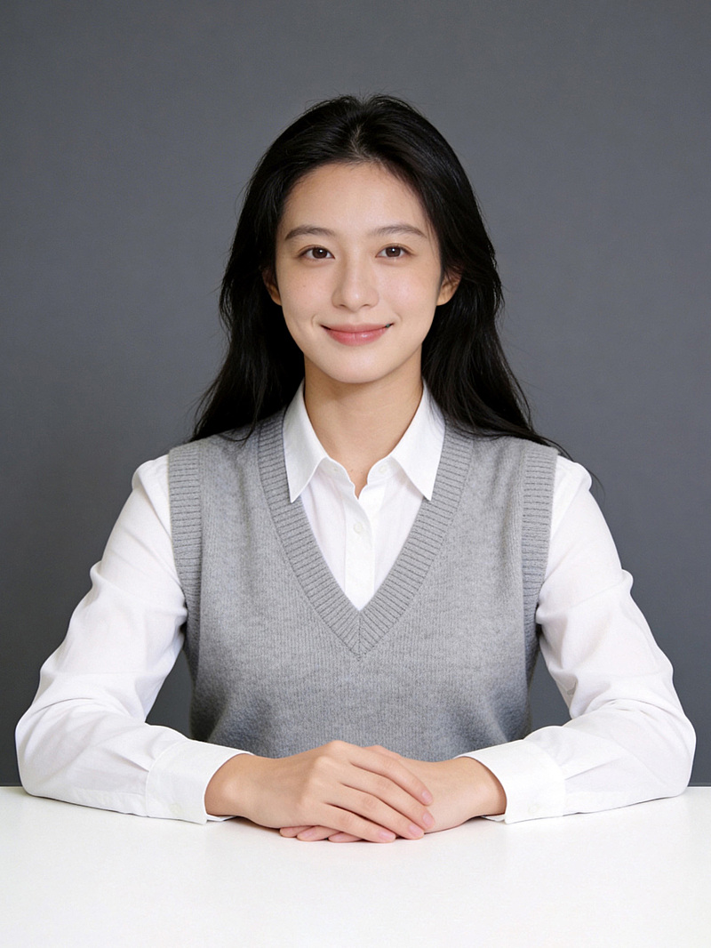 灰色针织背心亲和双手交叠女性职业形象照