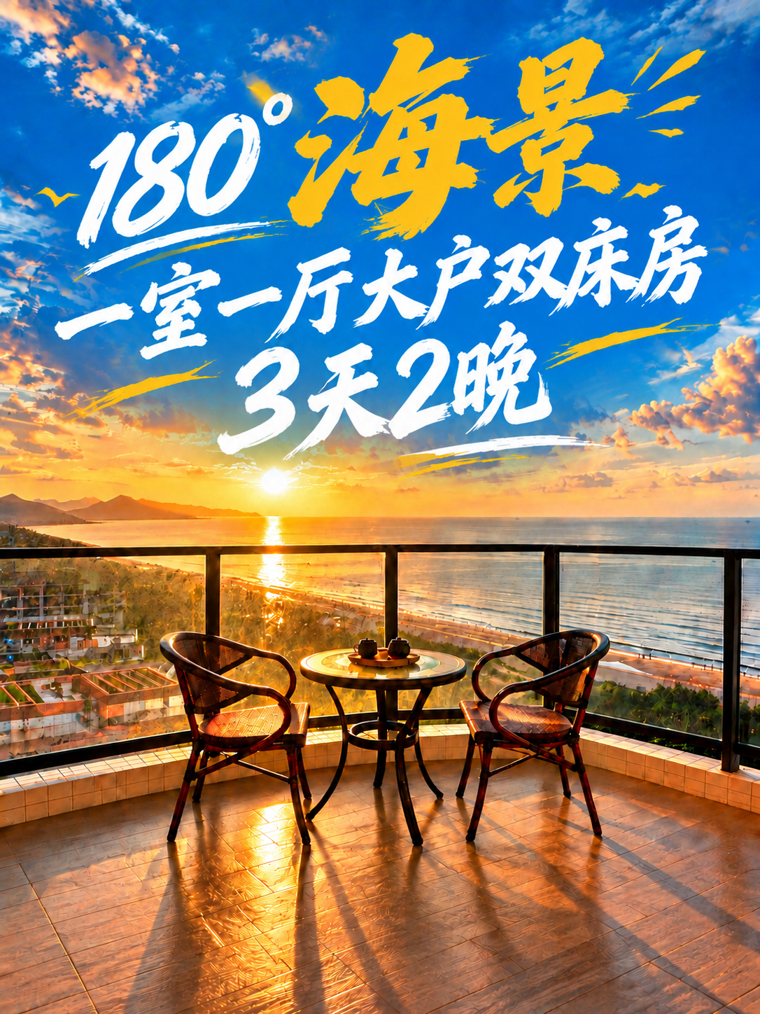 修改图片中的文字：第三行文字从"2天1晚"替换为"3天2晚"。… - 图片创意预览