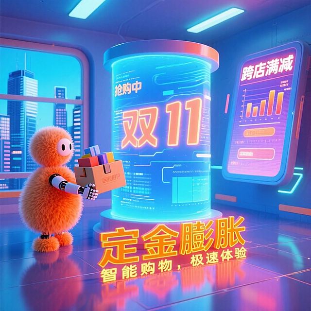 未来感十足的蓝色光幕占据画面主体，流动的数据流中浮现"双11"全息投影。左侧机器人手臂正将商品装入发光快递箱，右侧悬浮屏滚动着"跨店满减"动态图表。背景是城市天际线，每扇窗户都映出"抢购中"的荧光字样，地面反射着"定金膨胀"的霓虹标语。科技蓝与荧光橙交织，突出"智能购物，极速体验"的赛博朋克质感。