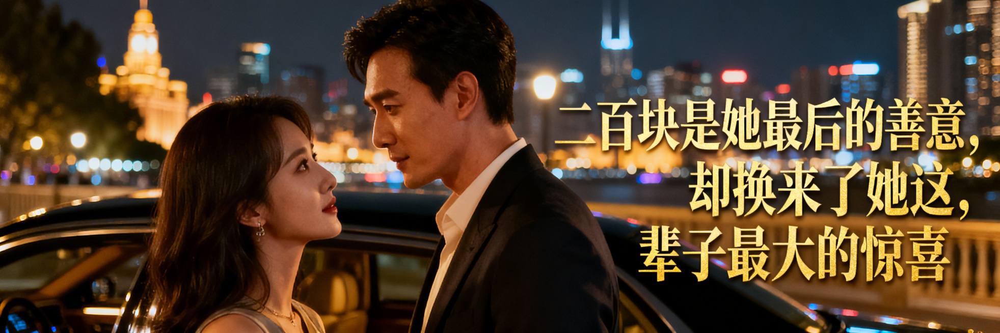 短剧广告横幅，真人摄影风格，浪漫夜晚的城市，电影质感，亚洲英俊总裁和亚洲美女深情对视，背景是豪车与繁华夜景；画面右侧添加金色标题文字："二百块是她最后的善意，却换来了她这辈子最大的惊喜"预览效果