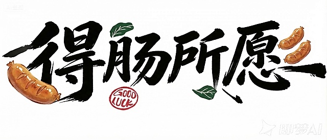 将图片中左侧的柿子和右侧的花生替换为可爱风格的脆皮淀粉烤肠，保持书法字体、绿叶、红色GOOD LUCK印章等其他所有内容不变，整体风格保持一致
