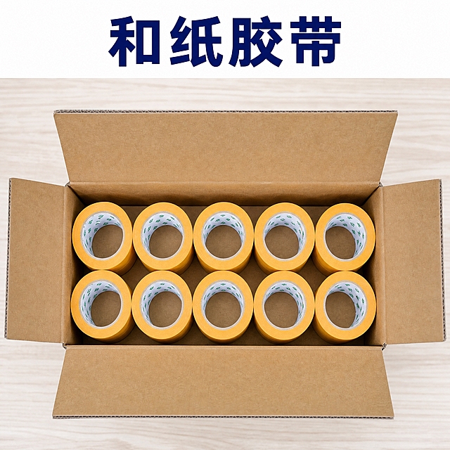 和纸胶带整箱SKU图，1:1正方形。俯视角度，打开的牛皮纸箱内整齐摆放10卷黄色和纸胶带，分上下两排各5卷，每卷胶带大小完全一致，卷芯朝上，内部白色纸筒印有绿色小三角形logo图案。胶带为橘黄色和纸材质，表面细腻纸质纹理，哑光质感，颜色饱满均匀，卷径饱满边缘整齐。棕色瓦楞纸箱箱口翻开，胶带排列整齐间距均匀。浅木色桌面背景虚化突出主体。真实工厂仓库实拍风格，商业产品摄影质感，顶光照明均匀明亮。画面上方白色区域居中深蓝色粗体大字「和纸胶带」。高清清晰，共10卷两排排列大小一致，无多余卖点文字。