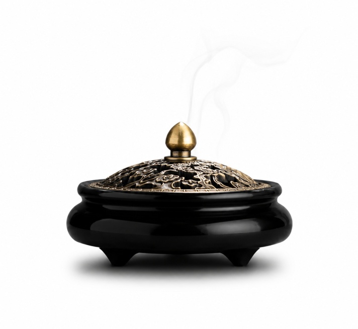 仅保留中间的香炉，将香炉的炉身修改为纯黑色，保留炉盖金属装饰和顶部金色顶珠，整体保持通透质感预览效果