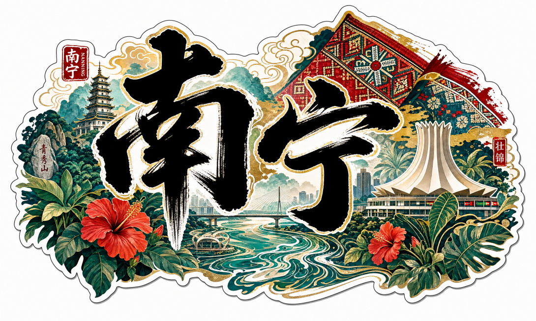 横版不规则贴纸，主体是两个大尺寸书法字体文字“南宁”，融入南宁特色元素，国风传统书法风格，不规则边缘贴纸设计预览效果