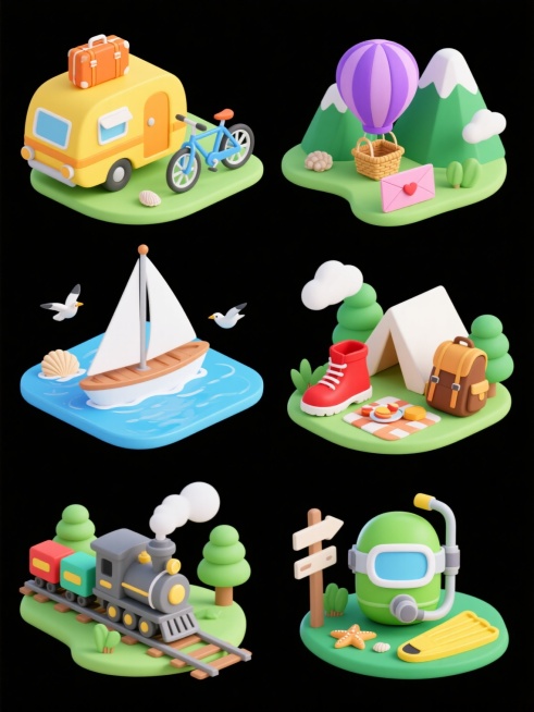 6个不同场景的可爱卡通3D立体剪纸风格旅游元素插画组成的系列集合，每个场景独立且规整排列在纯色背景上，保持统一的圆润造型、明快色彩和细腻纹理。场景包括：1. 黄色露营车配橙色行李箱、蓝色自行车和粉色信封；2. 白色帆船漂浮在蓝色海面上，周围有海鸥和贝壳；3. 红色登山靴旁放着棕色登山包，背景有绿色山峰和云朵；4. 紫色热气球下方悬挂着野餐篮，旁边有白色帐篷；5. 灰色火车头牵引着彩色车厢，轨道……预览效果