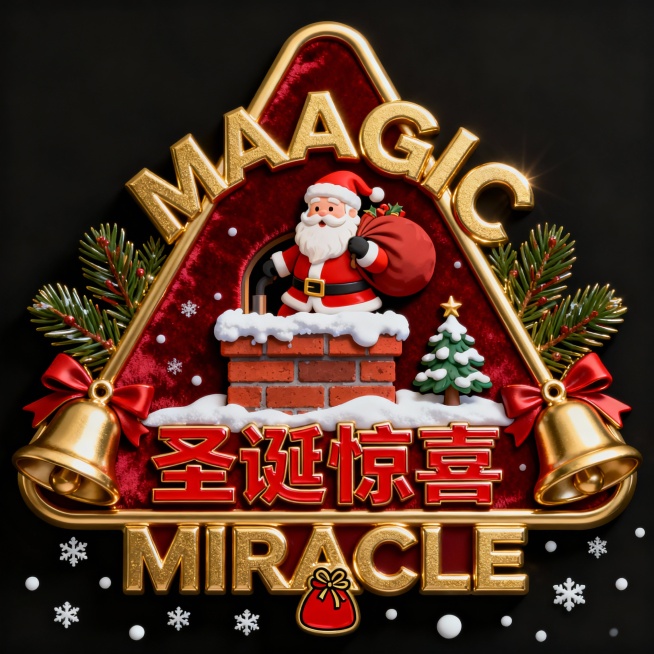 圣诞主题徽章设计，三角形轮廓，金色立体边框，红色丝绒背景。中央是圣诞老人背着礼物袋从烟囱钻出的场景，烟囱上有积雪，旁边有一棵小圣诞树。上方有金色立体字“MAGIC”，下方有红色立体字“圣诞惊喜”及金色预览效果