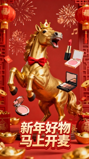 主题：一匹金色骏马在红色新年装饰背景下，前蹄抬起，嘴巴张开仿佛在唱歌或说话，面前悬浮着[各种化妆品]。马戴着金色小皇冠和红色领结，表情兴奋喜庆。背景有烟花、灯笼、金色元宝，整体为红金配色，现代国潮风格预览效果