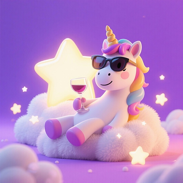 梦幻紫色星空下，软3D风拟人独角兽戴墨镜手持红酒杯，坐于云朵之上，四周点缀发光星星，可爱又俏皮。