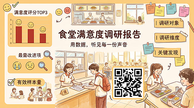 制作一张单页校园食堂满意度调研数据展示PPT，整体为暖黄色水彩手绘插画风，温馨明亮，充满校园感；主色调为暖黄色#F5D6A8、米白色#FFF8EE、棕红色#C0392B；字体采用圆体和手写体，风格可爱亲和；布局为：居中大标题+左侧数据图表区+右侧关键发现标签区；包含元素：用户提供的问卷调查二维码、学生填问卷场景、餐盘、食堂窗口、柱状图、笑脸哭脸表情、对勾、放大镜、便利贴；文字内容：居中主标题"食堂满意度调研报告"，副标题"用数据，听见每一份声音"，左侧数据区域标注"满意度评分TOP3"、"最需改进项"、"有效样本量"，底部标签为"调研对象｜调研维度｜关键发现"；整体氛围积极、有温度，学生视角，将二维码放置在页面合适位置展示