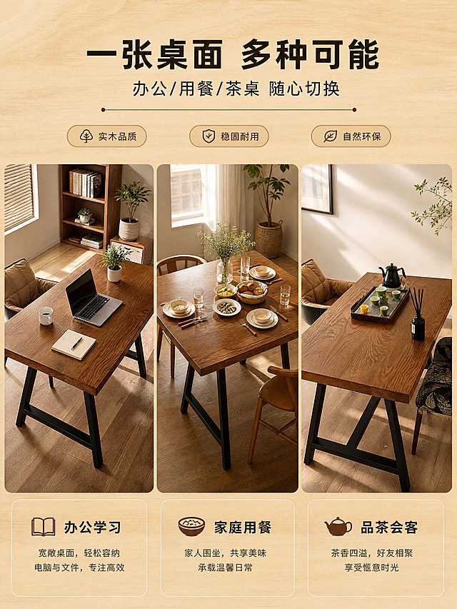 [商品] 使用【图3】新西兰松实木茶桌（黑铁艺支架款）；保留实木桌面的深胡桃色涂装、木纹、厚度、长方形结构、黑色铁艺桌腿；增强桌面木纹质感与涂装光泽，去除背景杂物，不改变产品结构与颜色。
[画面] 页面目标：多场景应用展示，体现实木桌面可用于办公、用餐、茶桌等多种场景。三宫格拼图构图，横向3格分别展示"办公场景""用餐场景""茶桌场景"，每格均为实木桌面在不同场景中的实拍效果；产品在每格中占比约65%，分别搭配笔记本电脑、餐具、茶具等对应道具；阅读动线从左至右再向下。
[视觉] 套系策略：风格=原木自然风温馨商业摄影；标题字=思源黑体粗体；正文字=思源黑体常规体；主色=原木浅棕；背景延展=基于原木浅棕做深浅层级、同色系渐变与木纹/纸质感；强调色=深胡桃色，仅用于小面积图标、引线和标签；标题色=深棕黑；正文色=中暖灰；组件=圆角浅木色信息卡、细木色引线、胶囊形卖点框；光影=每格均为暖调自然光，统一色温。
[文字] 顶部通栏主标题"一张桌面 多种可能"，副标题"办公/用餐/茶桌 随心切换"；三宫格每格底部对应标注"办公学习""家庭用餐""品茶会客"；文字不遮挡桌面主体。
[规格] 图片比例3:4竖版，4K，负向提示：避免变形、错字、文字过小、三格风格不统一、桌面颜色差异、绝对化用语。