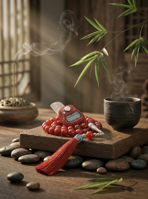 参考图的构图，生成红色佛珠计数器的新中式禅意场景图，保持产品主体物理结构不变，保持文字Logo原样，东方禅意风格，自然侧光，丁达尔光束，搭配原木、粗陶茶杯、鹅卵石、竹叶道具，整体暖调低饱和度，柔和漫射预览效果