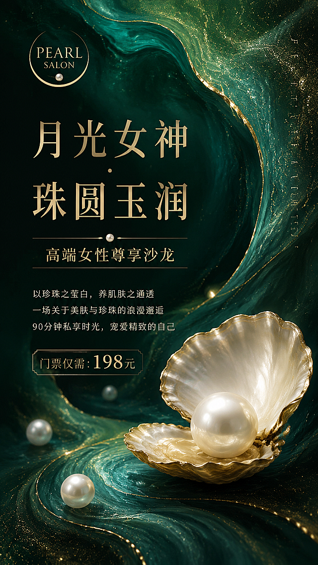 参考原图片的墨绿色鎏金流体轻奢风格，制作护肤品珍珠沙龙海报，整体为深绿渐变鎏金质感。包含文案：主标题"月光女神 · 珠圆玉润"，副标题"高端女性尊享沙龙"，正文文案"以珍珠之莹白，养肌肤之通透
一场关于美肤与珍珠的浪漫邂逅
90分钟私享时光，宠爱精致的自己
门票仅需：198元"，保持竖版构图，高级轻奢质感，融入珍珠元素