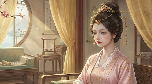 把头饰简化，不要太华丽，将衣服改为淡粉色，把人物脸部调整得更年轻