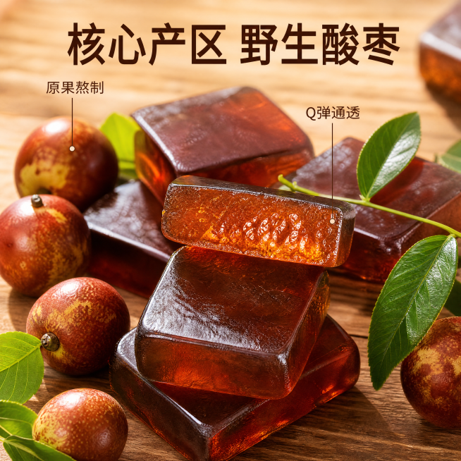 [主图-2] 酸枣糕细节展示，凸显原料优势。
[氛围风格] 自然真实美食摄影，突出天然质感
[画质] 商业摄影质感，高清锐利，纹理清晰，画面干净通透
[元素] 聚焦展示一块切开的酸枣糕，展示内部细腻通预览效果