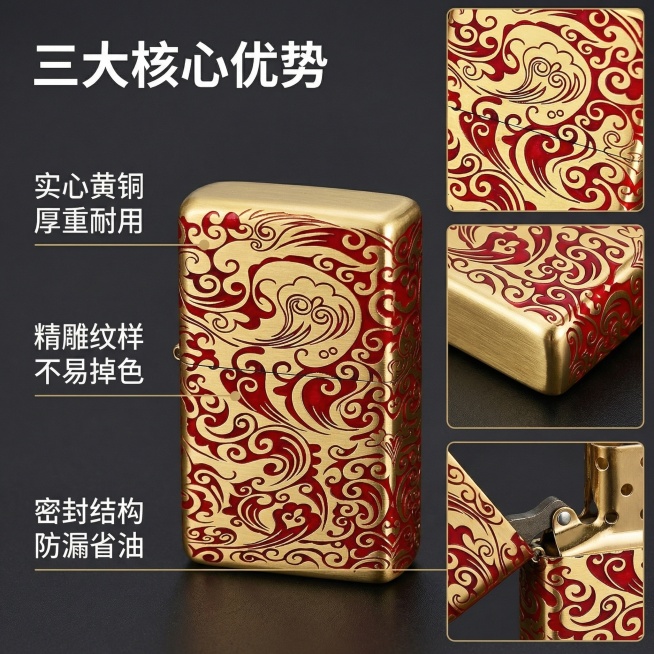 保留打火机原样，黄铜材质金属反光更强烈，突出肌理质感。整体画面为打火机全景+3处细节特写拼图：主区域展示完整打火机，周围小图分别特写流云雕刻纹路、黄铜外壳边角、开盖结构，光影为硬朗侧光，突出金属锋利质预览效果
