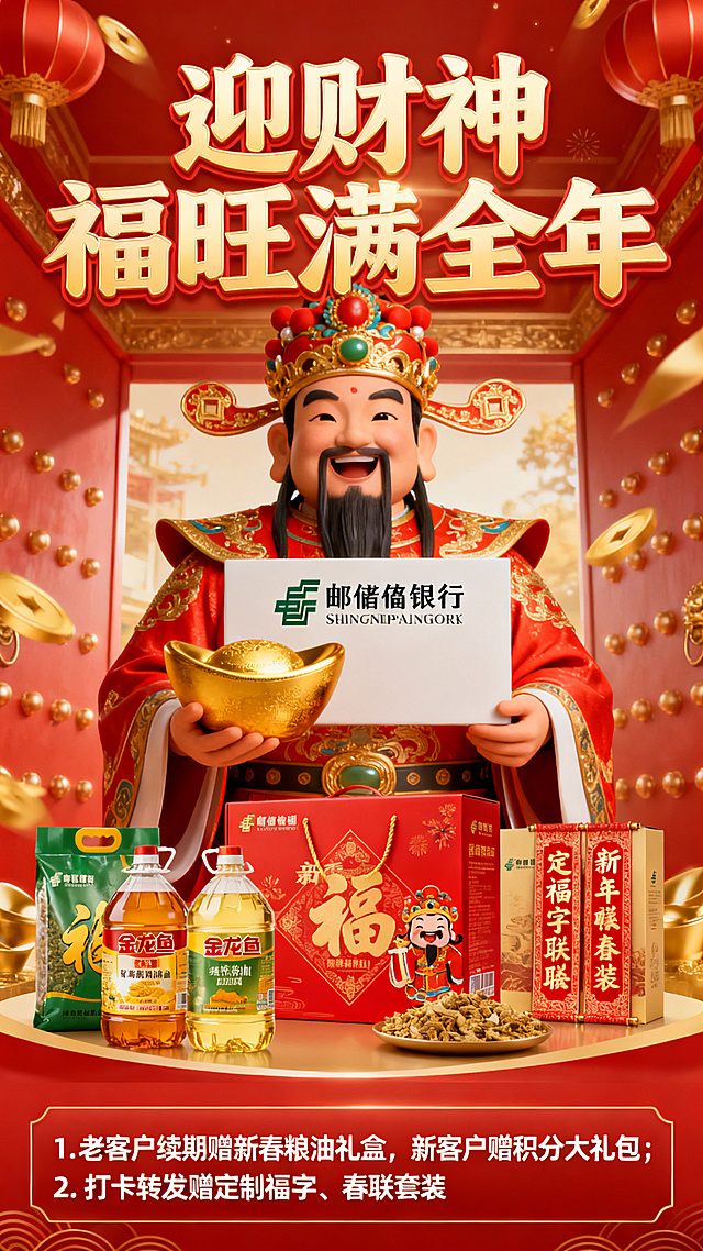 一张邮储银行初四迎财神主题海报，顶部醒目呈现“迎财神 福旺满全年”，中间展示邮储银行标识、喜庆财神形象，搭配新春粮油礼盒、定制福字春联套装元素，底部清晰标注活动信息：“1. 老客户续期赠新春粮油礼盒，新客户赠积分大礼包；2. 打卡转发赠定制福字、春联套装”，整体采用红金奢华配色，风格热闹喜庆，充满年俗氛围