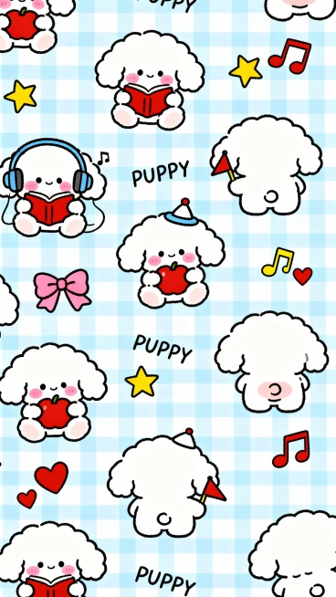 浅蓝色和白色相间的格子图案背景，上面分布着多个可爱的卡通卷毛小狗形象，它们有着圆圆的脑袋、大大的耳朵和腮红，有的戴着耳机听音乐，有的捧着红色书本阅读，有的戴着帽子拿着小旗子，有的抱着苹果，还有小狗的背影和屁股图案；点缀着粉色蝴蝶结、黄色星星、红色和黄色音符、红色爱心等装饰元素，以及手写风格的“PUPPY”文字；整体风格为简约可爱的手绘卡通，线条圆润流畅，色彩清新明快，充满童趣和温馨感，形成一个……预览效果