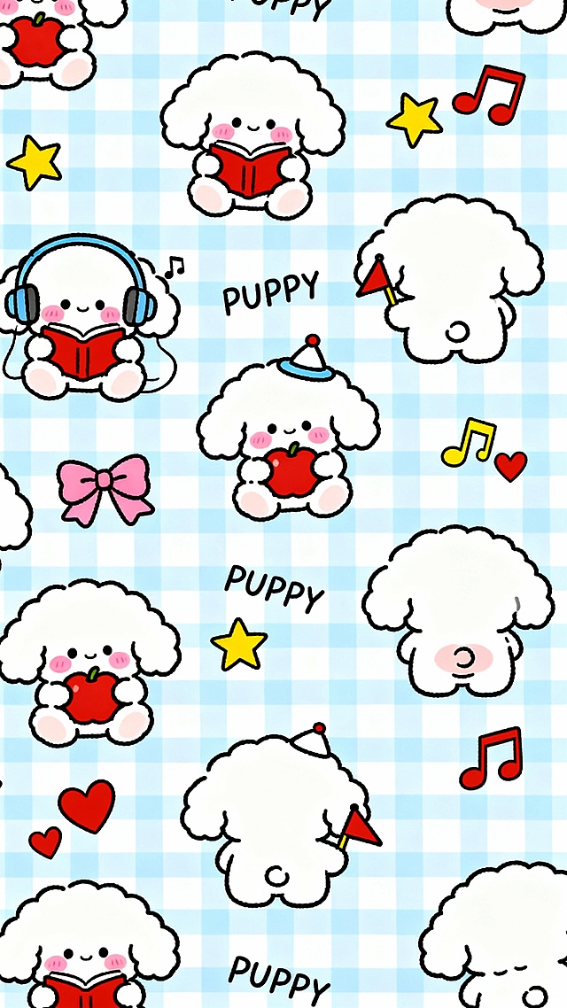 浅蓝色和白色相间的格子图案背景，上面分布着多个可爱的卡通卷毛小狗形象，它们有着圆圆的脑袋、大大的耳朵和腮红，有的戴着耳机听音乐，有的捧着红色书本阅读，有的戴着帽子拿着小旗子，有的抱着苹果，还有小狗的背影和屁股图案；点缀着粉色蝴蝶结、黄色星星、红色和黄色音符、红色爱心等装饰元素，以及手写风格的“PUPPY”文字；整体风格为简约可爱的手绘卡通，线条圆润流畅，色彩清新明快，充满童趣和温馨感，形成一个无缝循环的图案设计。