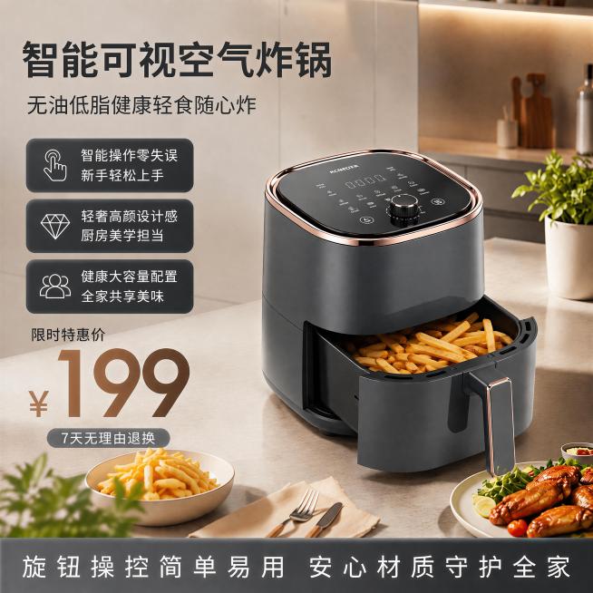 给拉开的空气炸锅空炸篮内部添加合适的烤制食物，比如金黄的薯条或者鸡翅，填充炸篮使其不空旷，保持整体海报风格一致，食物颜色和光影与图片环境匹配，保留所有文案和原有海报设计不变。预览效果