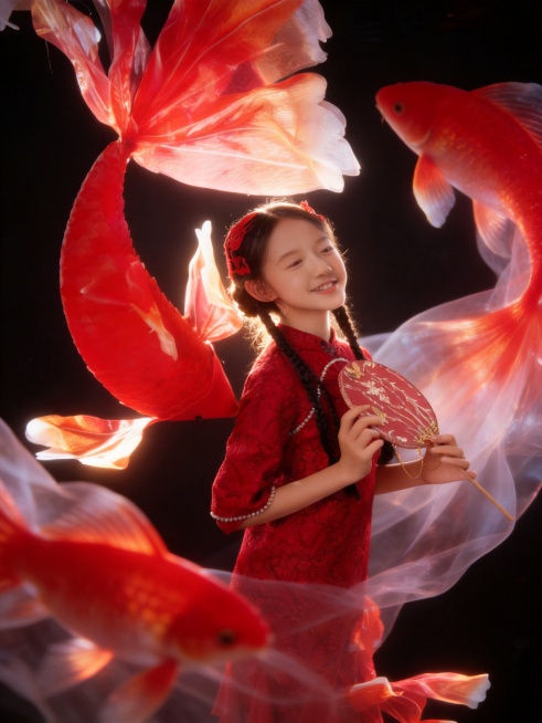 生成新中式红锦梦幻少女写真，仅保留参考图中少女脸型、年龄等特征，影视感成片，梦幻艺术风格，画面带有朦胧柔焦质感，空灵超现实氛围，立体光影效果，营造鱼在水中游动的流动感，拉长鱼尾处红色渐变发光光影，边缘预览效果