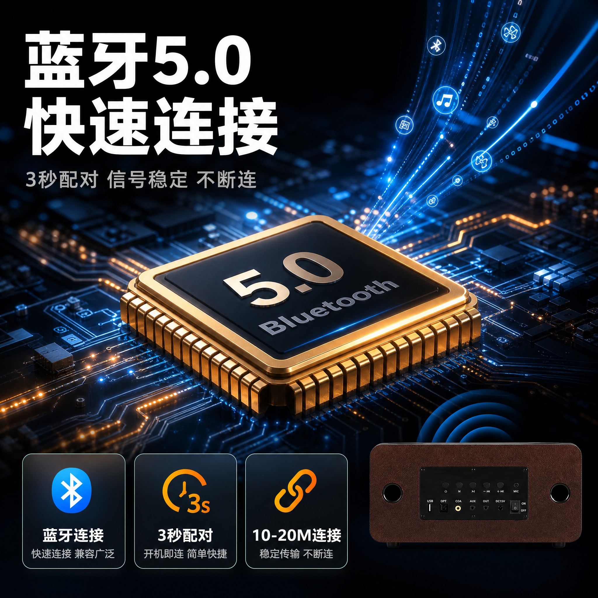 [主图-4] 核心技术/蓝牙5.0芯片，突出快速稳定连接的技术… - 图片创意预览
