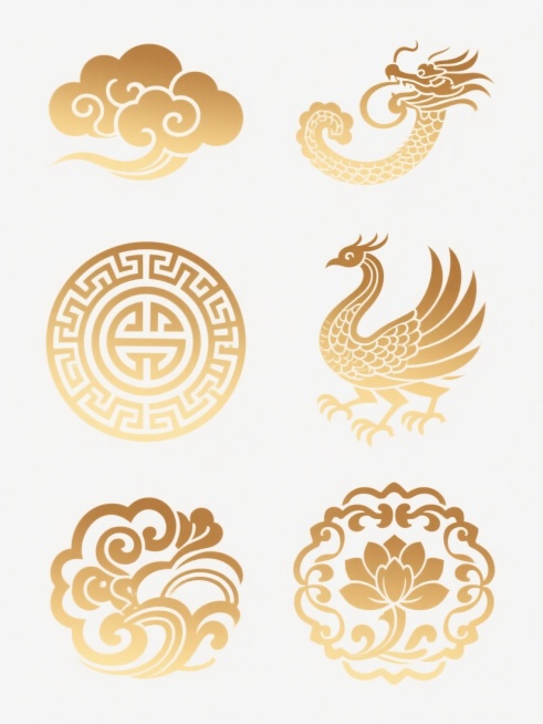 白色背景上排列整齐的六个不同样式国风元素，包括云纹、回纹、如意纹、龙纹、凤纹、缠枝莲纹，均采用金色渐变线条勾勒，线条流畅飘逸，具有传统中国风韵味，整体构图对称平衡，视觉层次清晰，单个元素独立完整且风格统一。预览效果