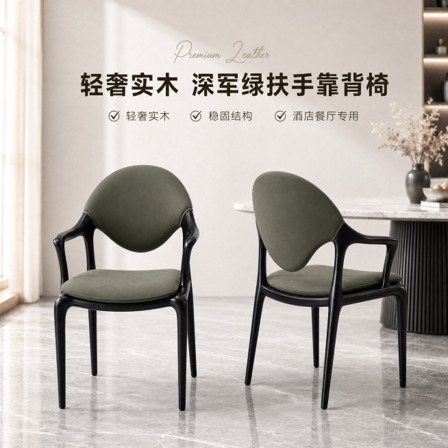 仿照参考图的布局和风格，将深军绿色实木简约扶手靠背椅的正面和背面同时展示在一张图中，图片比例为1:1，适配抖音平台。添加文字：上方英文"Premium Leather"，主标题"轻奢实木 深军绿扶手靠预览效果