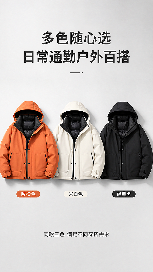 [第11张] 多色展示-多色系可选详情页。本张使用【图1】作为橙色款参考，生成米白和黑色同款。
[氛围/风格] 简约纯色背景，自然光静物摄影，高清服装平铺图，简约大气排版。
[元素布局] 画面中三件连帽羽绒服整齐平铺陈列，从左到右依次为：橙色款、米白色款、黑色款，三件款式结构完全一致仅颜色不同；羽绒服平铺展开，连帽摆正，展示整体版型；背景为简约浅灰色渐变台面；橙色款外观与参考图一致。
[光影质感] 顶部柔和自然光，均匀打亮三件衣服，面料有自然质感和轻微阴影，整体明亮干净。
[配色色系] 全局底色浅灰色渐变#EDEDED到#F8F8F8；主色橙色、米白、黑色三件羽绒服；辅助色深灰色文字、白色标签。
[视角构图] 俯视平铺构图，三件衣服水平等距排列，标题在上方，阅读动线从上到下。
[文字版式] 版式为顶部标题 + 中部三色平铺 + 底部色号标签。顶部大标题「多色随心选 日常通勤户外百搭」；三件衣服下方分别标注颜色名称：「暖橙色」「米白色」「经典黑」；底部小字「同款三色 满足不同穿搭需求」；文字居中大气，标签简洁。
[比例分辨率] 9:16竖版比例，4K分辨率，文字清晰可辨，高清画质。
[负向提示词] 衣服变形，款式不一致，颜色偏差，文字模糊，水印，背景杂乱。