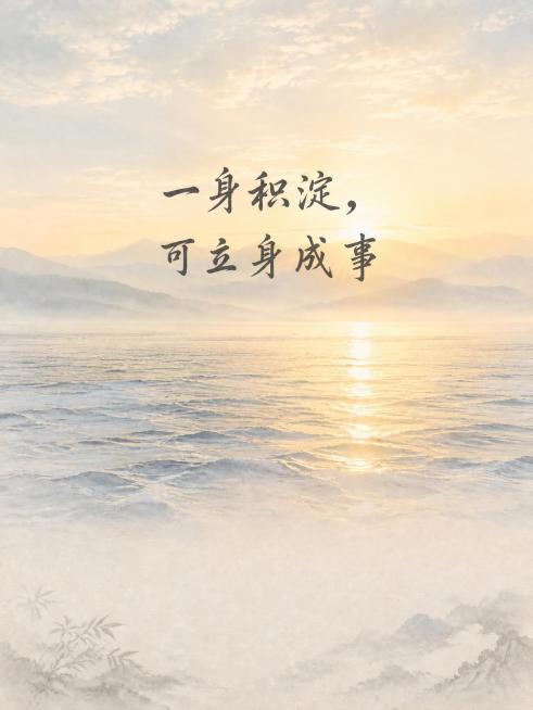 保持清晨海平面远景不变，将文字"一身积淀，可立身成事"排列为两行：第一行"一身积淀，"，第二行"可立身成事"，整体位置适当向下移动，保持居中对齐，去除红色方印，保留整体浅色调淡雅国风风格预览效果