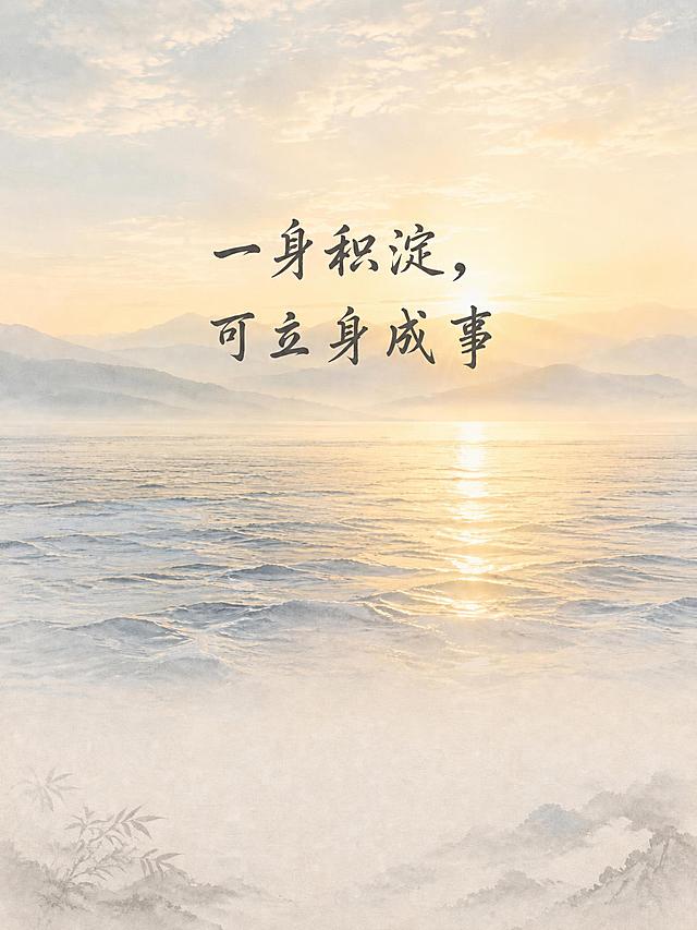 保持清晨海平面远景不变，将文字"一身积淀，可立身成事"排列为两行：第一行"一身积淀，"，第二行"可立身成事"，整体位置适当向下移动，保持居中对齐，去除红色方印，保留整体浅色调淡雅国风风格