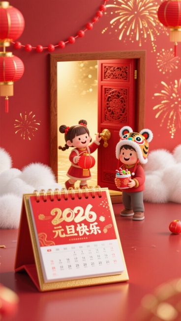 主体为烫金边框红色装订日历造型，金红渐变背景，暗红色哑光地面，日历里是一扇雕花红木门（门内透出暖金色光晕），儿童（日历门外扎羊角辫的女童举着红色灯笼推门，门内戴虎头帽的男童捧着糖果罐迎接，笑容灿烂）；预览效果